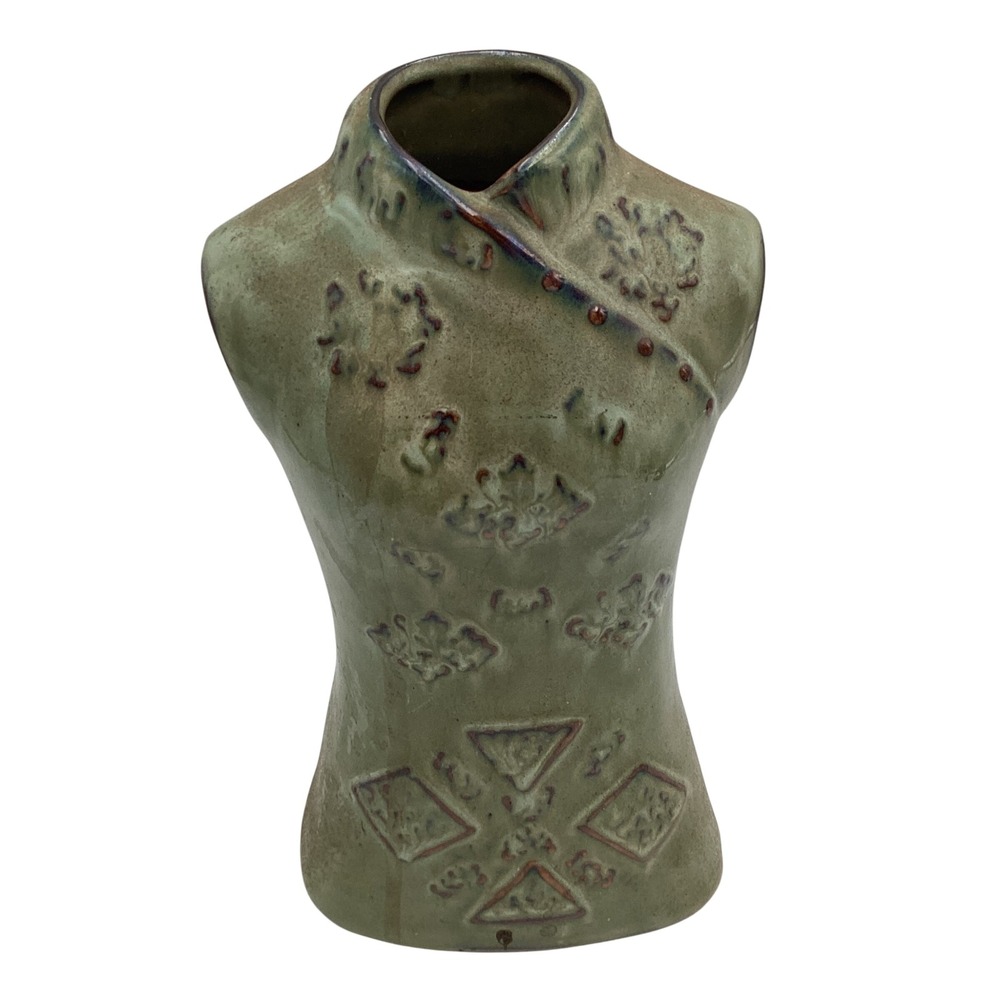 Vintage Asian Inspired Ceramic Torso Bud Vase Celadon Green Cheongsam Bust 7.5"‎